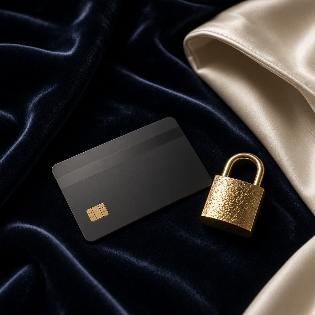 A tokenised card and a gold lock on navy velvet