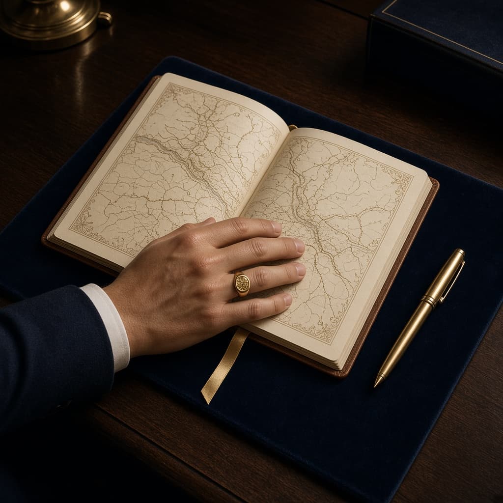 A leather atlas open on a concierge desk